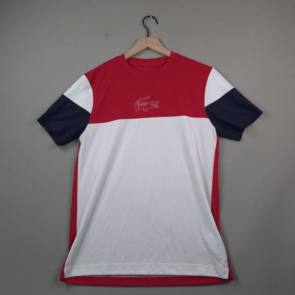 Lacoste Sport Mens S Ultra Dry Tennis Shirt Red White Navy Colorblock Crew Neck